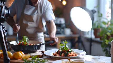 A professional food photography setup, with a dish being carefully styled and lit for a photoshoot.