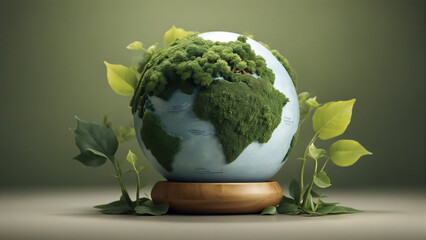 Globe in a flowerpot with leaves; Earth day concept