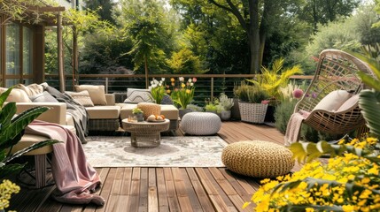 Sunny City Balcony Terrace with Warm Wooden Deck and Lush Greenery