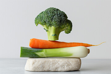 tasty and healthy fresh broccoli, carrot and leek or scallion balancing on each other, vegetables full of vitamins and antioxidants, still life artwork