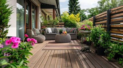 Modern Terrace with Wood Deck and Green Plants