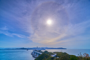 兵庫県南あわじ市から大鳴門橋と鳴門海峡、太陽ハロ(日暈)現象を見る