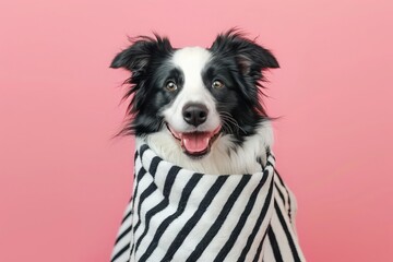 Funny border collie dog summer wrapped with a striped towel. Isolated on pink flamingo background