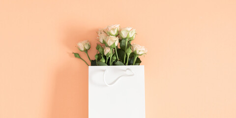 Festive light background with beautiful small roses in gift paper bag. White roses on pastel beige background. Mother's Day, Valentine's Day, Wedding. Banner