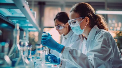 Two women in lab coats are wearing masks and gloves while working with chemicals
