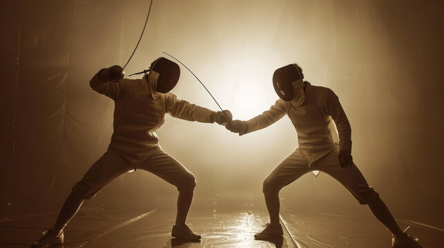 Two men are fencing in a dimly lit room
