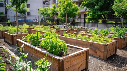 Urban community garden with wooden raised beds and flourishing produce