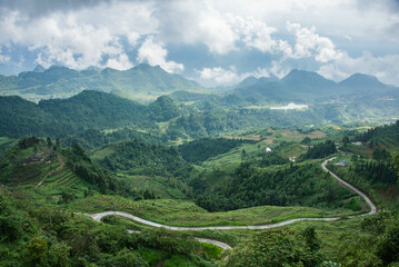 View of the Dong Van limestone karst plateau and global geopark from Quan Ba Heaven Gate, Tam Son, Ha Giang, Vietnam - obrazy, fototapety, plakaty
