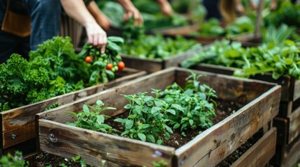 Urban Garden with Wooden Raised Beds and People Harvesting Produce