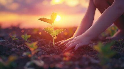 Against a vibrant sunset, a child carefully plants a young plant in fertile soil, a metaphor for hope and the future of our planet. - obrazy, fototapety, plakaty