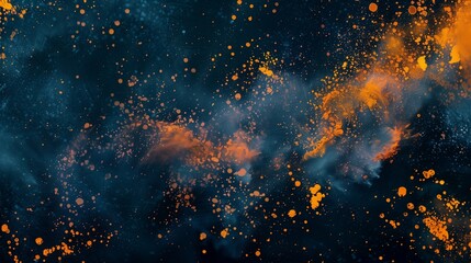 An elevated view of blue, orange, and yellow holi powder design on a sleek black backdrop