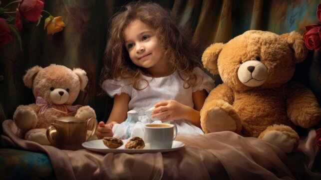 Playful little girl having a tea party with her stuffed animals.