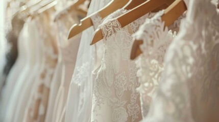 Elegant White Wedding Dresses Displayed in Bridal Boutique