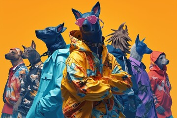 Eyecatching 3D dogs in vibrant, stylish attire, posed against a backdrop of dramatic color splashes, perfect for impactful fashion ads  ,3DCG,high resulution,clean sharp focus
