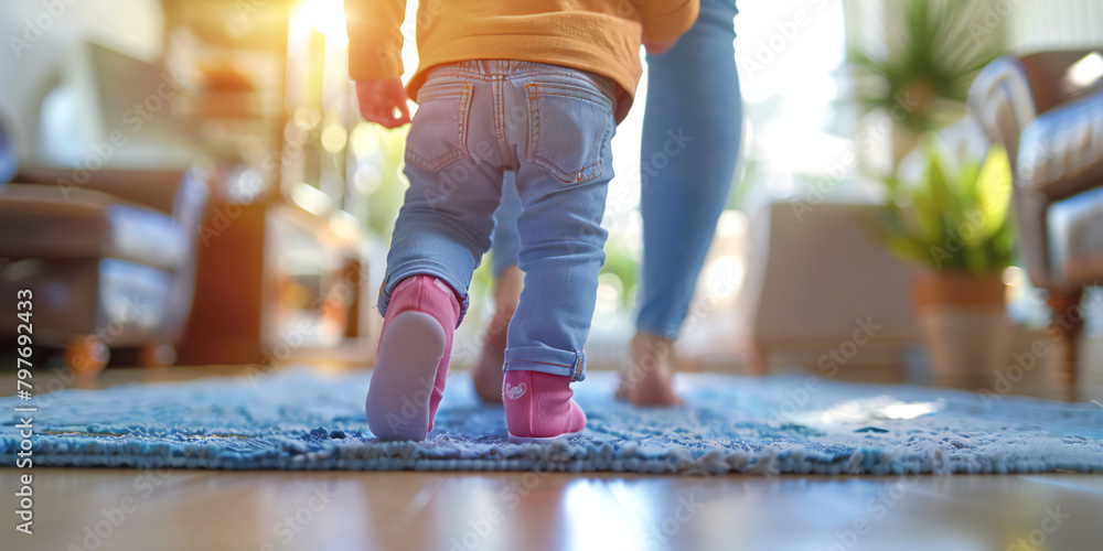 Wall mural A image of a baby taking their first steps with support from a parent or caregiver, capturing the milestone moment of learning to walk