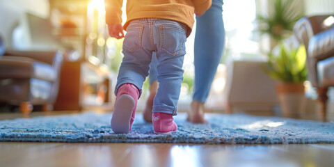 A image of a baby taking their first steps with support from a parent or caregiver, capturing the milestone moment of learning to walk - Powered by Adobe