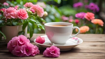 Fototapeta na wymiar cup of coffee with pink tulips