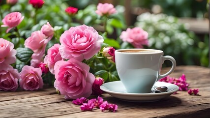 Fototapeta na wymiar cup of coffee and tulips