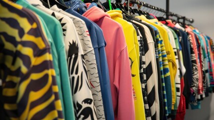 Fototapeta premium A vibrant array of hoodies and sweatshirts hang on hangers in a contemporary clothing boutique