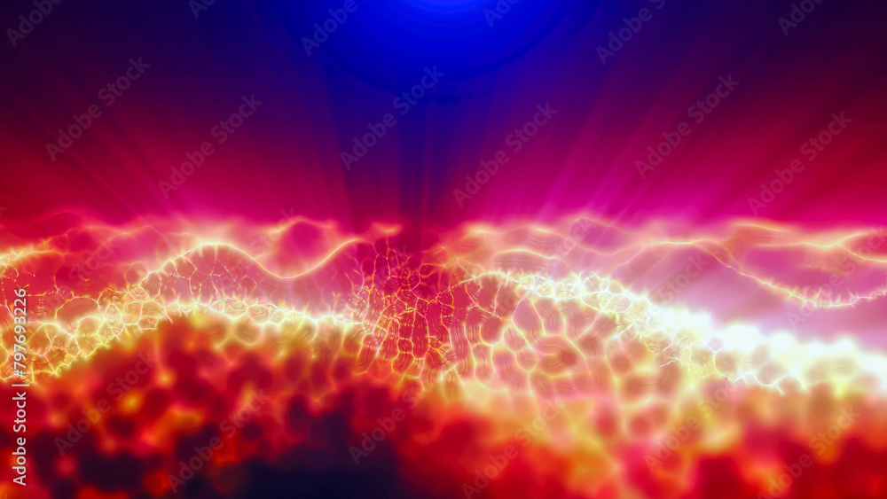 Poster orange energy magic digital high tech waves with light rays lines and energy particles. abstract bac
