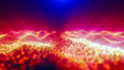 Orange energy magic digital high tech waves with light rays lines and energy particles. Abstract background