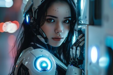 A woman in a futuristic looking costume with glowing eyes, AI