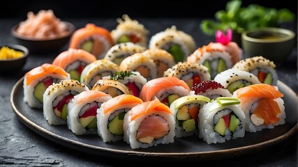 Sushi with salmon, sushi with chopsticks, sushi on a platter, Korean Kimbap roll, Asian cuisine, a dish of colorful vegetable sushi rolls with soy sauce and freshly prepared vegetables


