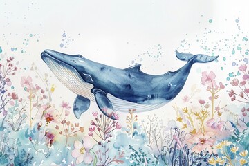 Delicate and soft watercolor art featuring a blue whale in a sea of pastel flowers, against white