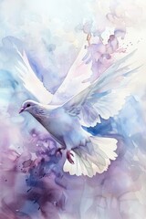 Soft, luminous watercolors capture a dove in flight, evoking its holy symbolism delicately