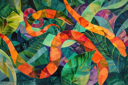 An abstract aria featuring intertwining anacondas, their sinuous forms creating a sense of fluidity and grace in the heart of the tropical jungle