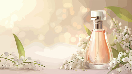 Bottle of perfume and lily-of-the-valley flowers on l