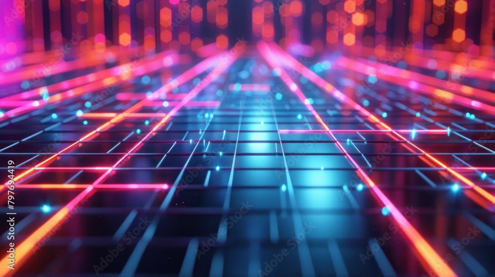 Poster futuristic neon grid design. vibrant colors and sleek lines create a captivating backdrop.