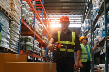 Backlit image of a Handsome Caucasian warehouse worker dragging a carting boxes in warehouse