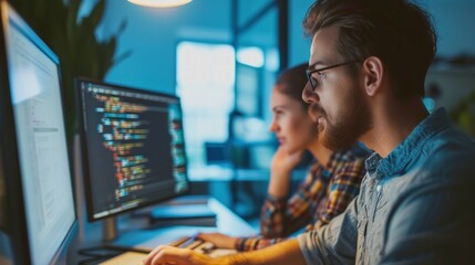 Programmers mentoring or teaching coding to beginners, emphasizing the importance of knowledge sharing in the programming community. Copy Space.