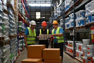 Warehouse employees team meeting at a Logistic distribution warehouse, Teamwork concept