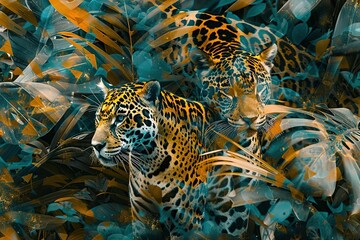An abstract composition of jaguars forming a dynamic jigsaw pattern within the tropical foliage, creating a sense of both camouflage and distinction - obrazy, fototapety, plakaty