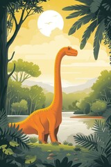 flat illustration of orange allosaurus with calming colors