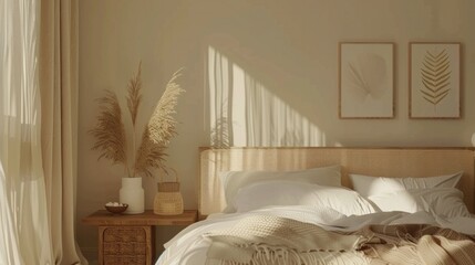 Cozy beige bedroom interior with AI elements