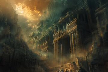 An ancient city buried deep beneath the earth, shrouded in mystery and shadow