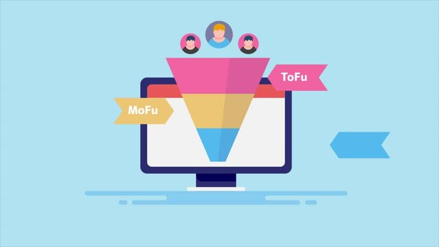 Customer purchase cycle, digital marketing funnel diagram conceptual video animation.
