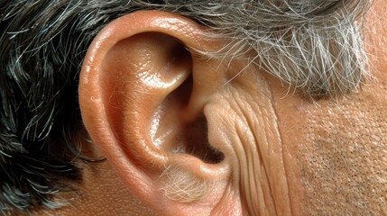 A close up of a man's ear with some hair on it, AI