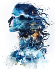Double exposure illustration of a woman with water waves splashes background