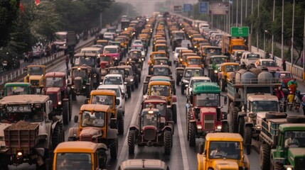 Farmers' Rally. Tractors Protest Urban Roadways