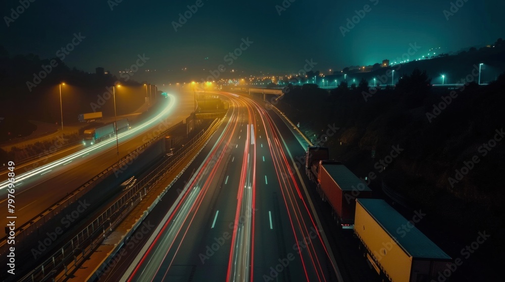 Poster transportation timelapse. a hyperlapse of trucks on a highway at night, creating abstract soft glowi