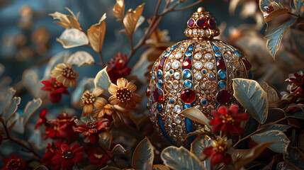 Fototapeta premium ornate golden egg covered in jewels sitting among red and yellow flowers