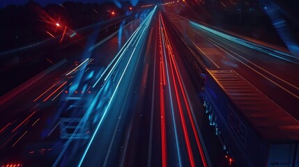 Fototapeta premium Fascinating hyperlapse of trucks on highway at night, illustrating importance of logistics and transportation.