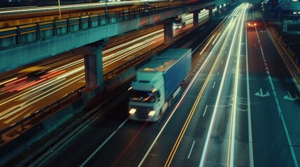 Fototapeta na wymiar Transportation Timelapse of Trucks on Highway at Night, Illustrating Logistics Importance