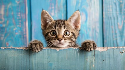 Curious Tabby Kitten. A charming front view of a tabby kitten peering over a blue wooden background, perfect for pet adoption promotions.