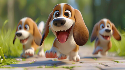 Three happy cartoon dogs with big ears run on a stone path through a grassy field on a sunny day