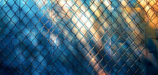 Metal Fence Against Blue and Yellow Background. Generative AI